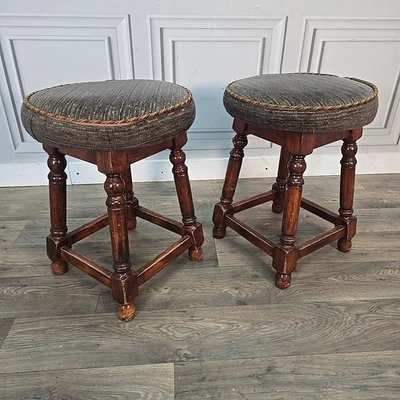 Vintage Pub Bar Stools - Low Upholstered Turned Wooden Seats - Home Man Cave - Image 1 of 4