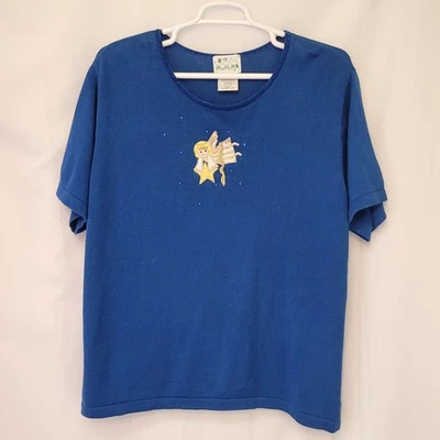 Quacker Factory Wmn's Angel Embellished Holiday Blue Short Sleeve Sweater Sz 3X - Image 1 of 4