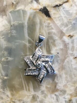 Star of David Pendant in 925 Sterling Silver with Baguettes Size 1 Inch. - Image 1 of 2