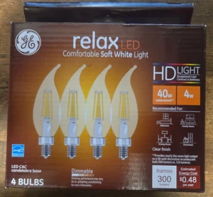 GE 40W Relax LED HD Light Bulb Candelabra Base Soft White Dimmable (4pack)NEW - Picture 1 of 5