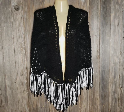 Новый черный белый вручную вязаный шаль надежном шарф богемное хиппи ручной работы бахрома - Изображение 1 из 4