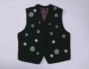 Karen Scott Black Velvet Holiday Vest Embroidered Beaded Snowflakes Women's L - Picture 1 of 12