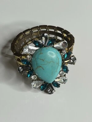 Brass Tone Sparkling Rhinestone & Turquoise Color Teardrop Stretch Bracelet Foto 1 de 4