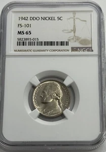 1942 NGC DDO FS-101 MS65 DOUBLE DIE JEFFERSON SILVER NICKEL 5C UNCIRCULATED - Picture 1 of 3