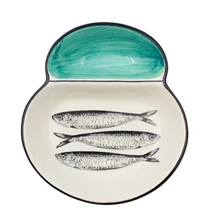 Portuguese Ceramic Olive Dish with Sardine Design and Green Accents - Picture 1 of 3