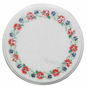 Mother of Pearl Lawn Table Top with Inlay Work 15 Inches White Marble End Table - Picture 1 of 4
