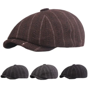 Men Cotton Octagonal Stripe Newsboy Cap Gatsby Peaked Cabbie Baker Hat CS445 - Picture 1 of 9