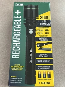 Feit Rechargeable 3000 Lumen Adjustable Flashlight Power Bank Includes USB-C NEW - Picture 1 of 4