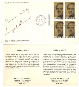 Canada #616 FDC Joseph Howe Centennial Death 1804-1873 + Philatelic Service Bio - Picture 1 of 2