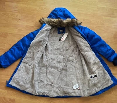 $200 Lands’ End Girls Winter Fleece Lined Faux Fur Thermo Coat Blue Sz 14-16 NEW - Image 1 of 4