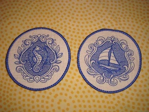 Custom Drink Coasters, nautical theme - 4.5", Linen quilted rounds, set of two - Picture 1 of 3