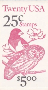 U.S. BKLT OF 20 SCOTT #BK160 1988 25ct OWL & GROSBEAK ONE BUD MINT P#2111/#2222 - Picture 1 of 2