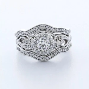 14K White Gold Engagement Ring Set Halo 1.60 Carat Round Lab-Grown Diamond D VS1 - Picture 1 of 5
