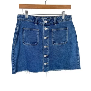 ZARA 100 % Baumwolle Medium Wash Knopfleiste roher Saum Jeans Minirock Taschen Größe L - Bild 1 von 6