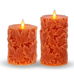 Orange Engraved Leaf LED Flameless Pillar Candle | 2 Sizes - Picture 1 of 7
