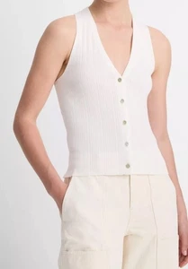 NWT $225 Vince Italian Cotton-Blend Button V-Neck Tank Top White Blouse Large - Picture 1 of 11