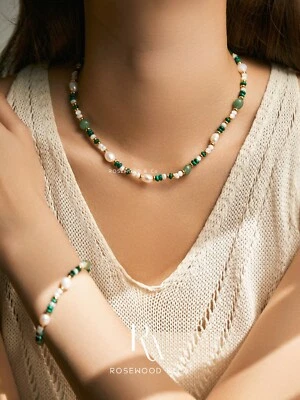Collar y pulsera con cuentas de piedras preciosas verdes sin deslustre-N083 Foto 1 de 4