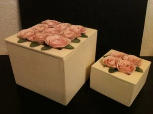 Set of 2 Handcrafted Wooden Nesting Trinket Jewelry Boxes w/Pink Paper Flowers  - Picture 1 of 12