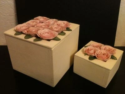 Set of 2 Handcrafted Wooden Nesting Trinket Jewelry Boxes w/Pink Paper Flowers  - Image 1 of 4