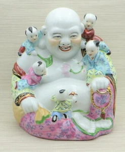 Antique 12" MARKED Chinese Figurine Famille Rose Laughing Buddha & 5 Children - Picture 1 of 12