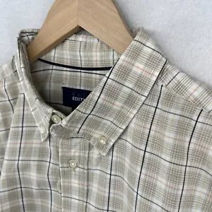 BASIC EDITIONS Shirt Mens L Easy Care Plaid Button Up Camp Cotton Blend Beige - Picture 1 of 15