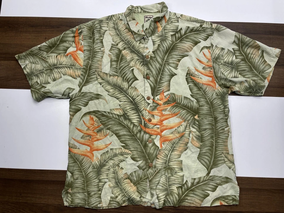 Montego Mon Mens XL 100% Silk Green Floral Button Up Shirt Short Sleeve - Image 1 of 4