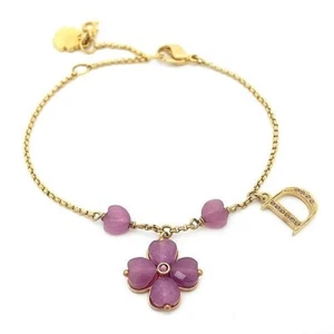 CHRISTIAN DIOR  Bracelet Bangle Chain AUTH Logo Vintage CD Gold × Pink Flower - Picture 1 of 6