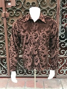 Men's Brown Velvet Look Long Sleeve Button Down Shirt - Picture 1 of 5