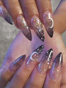 24pcs Moon Pattern Glitter Almond Fake Nail False Nails Press On Nails Glue On - Picture 1 of 8