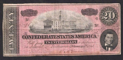 1864 $20 CONFEDERATE CIVIL WAR CURRENCY~ CAPITOL AT NASHVILLE ~ DARK RED TINT !! - Image 1 of 3