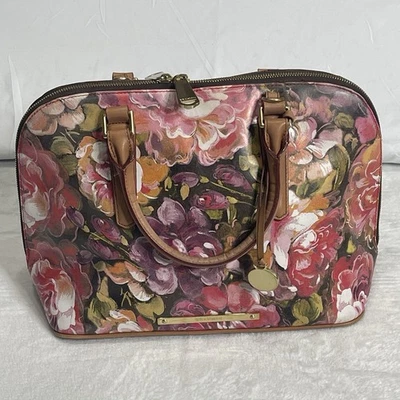 Brahmin Floral Satchel Handbag Pink Tan Leather Trim Dome Purse Medium Bag - Image 1 of 4
