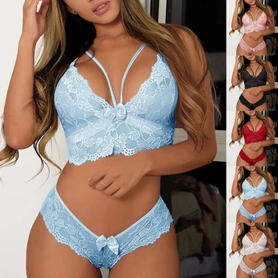 Women Push Up Lace Bra Set Lingerie French Knickers Briefs Underwear Nightwear - Image 1 of 4