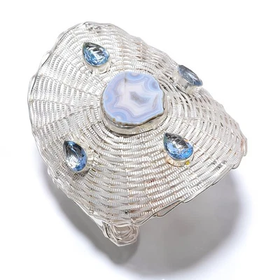 Rebanada de trabajo de alambre ágata de encaje azul, brazalete de diseño antiguo de cuarzo tanzanita adst. T11 Foto 1 de 3