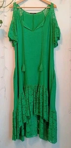 C’est Parfait Green Cold Shoulder Midi Dress Lace Trim Linen Cotton Blend Sz 18 - Picture 1 of 12