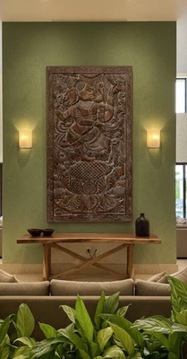 Arte de pared vintage Ganesha templo decoración panel madera tallada decoración pared acento 72x36 Foto 1 de 4