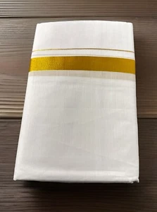 Dhoti for men | Kerala Kasav Mund | 1” Gold Pure White| Double Mund | Onam | - Picture 1 of 4