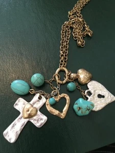 32" drop gold tone necklace with HEARTS, CROSS, TURQUOISE - Picture 1 of 2