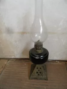 More details for antique oil lamp, dark green reservoir, ornate cast iron base &amp; chimney