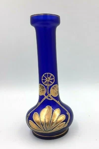 Cobalt Blue Art Nouveau Glass Vase Enamel & Gilt Flower Decoration, Bohemian 8" - Picture 1 of 12