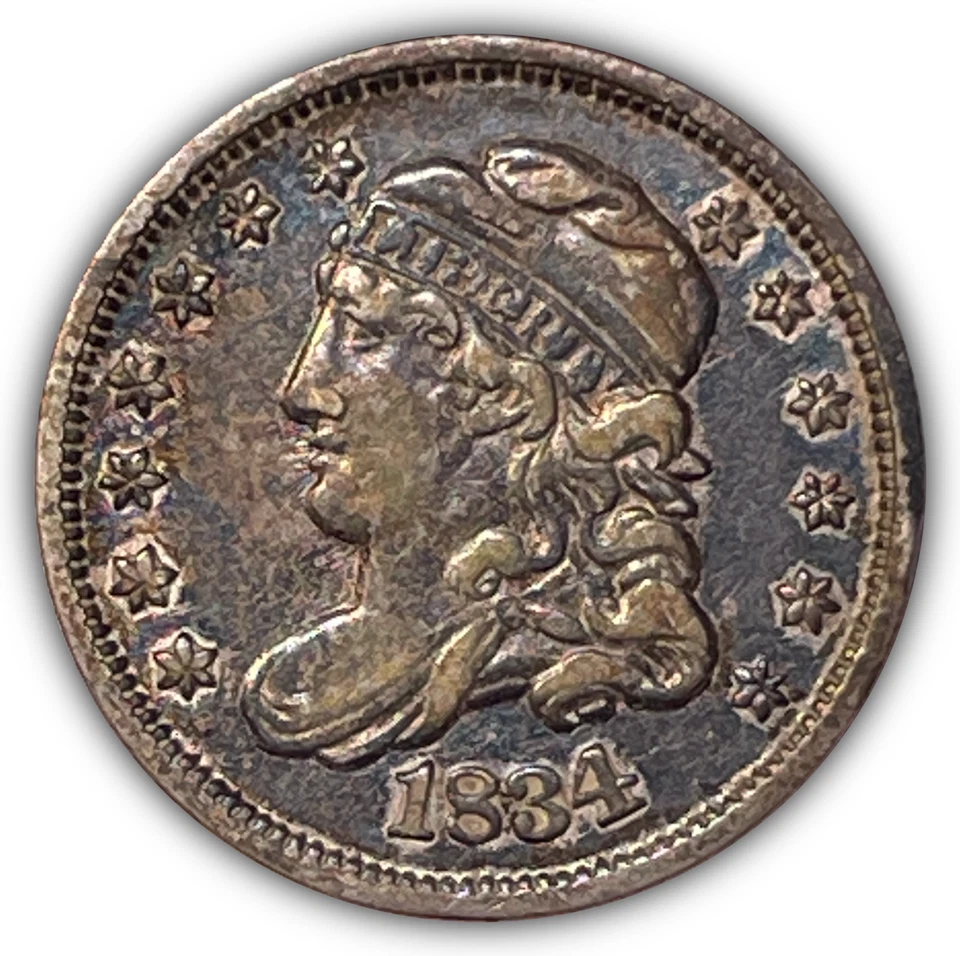 Moneda de media moneda de diez centavos busto tapado 1834 casi sin circular AU, daño inverso #21841 Foto 1 de 2