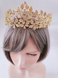 Women Forest Queen Prom Royal Gold Leaf Crystal High Hair Headband Tiara Crown