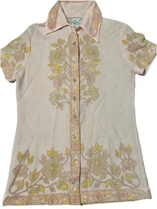 Vintage Retro Devonette Polytron Pink With Floral Pattern Button Up - Picture 1 of 10
