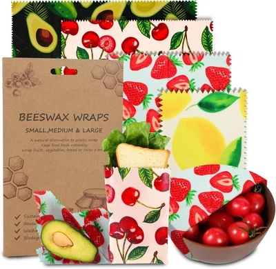 Envoltura de cera de abejas reutilizable, paquete de 4 1*pequeña, 1*pequeña, 1*mediana, 1*grande, frutas  Foto 1 de 4