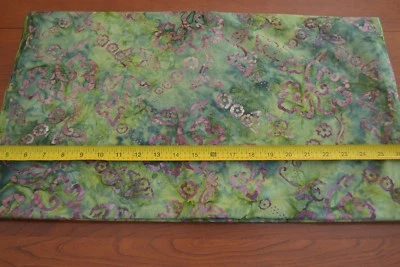 By 1/2 Yd, Plum Floral Print on Green Batik, Moda/Mirage Batiks/4503 48 M8819 - Image 1 of 4