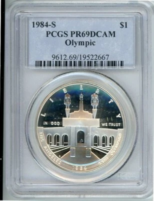 1984S LOS ANGELES OLYMPICS COMMEMORATIVE DOLLAR PCGS PR69DCAM Cert. 19522667 - Image 1 of 2