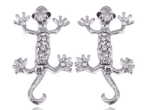 Silver Colored Sticky Climbing Gecko Lizard Crystal Rhines LJH Element Earrings - Picture 1 of 5