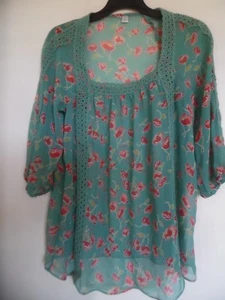 LAUREN CONRAD-GREEN  FLORAL SHEER EYELET EMBROIDERED TUNIC TOP-SHIRT-SIZE-S - Picture 1 of 4