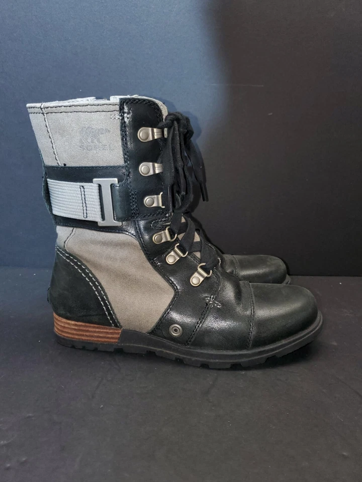 Sorel Original Major Carly Lace Up Leather Canvas Boot Womens Size 6 Black Beige - Image 1 of 4