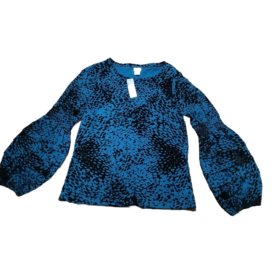 Chico's Animal Pattern Teal Flocked Tiered Puffed Sleeve Top Size 2 (Large)