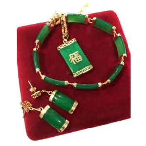 Ethnisches Zubehör Jade Anhänger Halskette Ohrring Armband Frauen Schmuck Set Geschenke - Bild 1 von 6